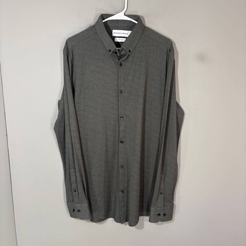 Mizzen+Main Shirt Mens XL Gray Solid Long Sleeve Button Up Trim Fit Jersey